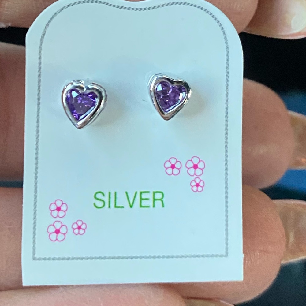 Silver Birth Month 4mm Purple Heart Earrings - Picture 2 of 9